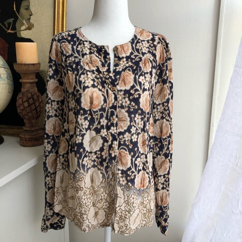 Anthro Maeve Navy Print Button Front Blouse